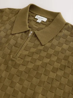 Vert olive - Polo N. Premium Coupe classique en maille à manches courtes et col zippé à damiers