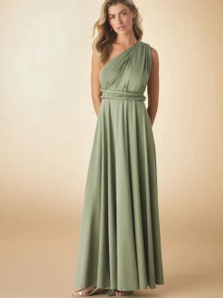 Vert olive - Robe longue de demoiselle d’honneur multicolore en jersey pour invitée de mariage