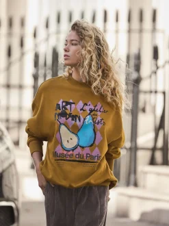 Vert olive - Sweat-shirt à col rond à manches longues en coton riche en fruits