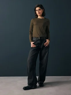 Vert olive - T-shirt à manches longues de cou d'équipage