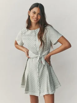 Vert sauge à pois - Robe mini-robe à taille nouée