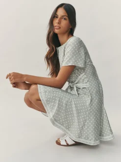 Vert sauge à pois - Robe mini-robe à taille nouée