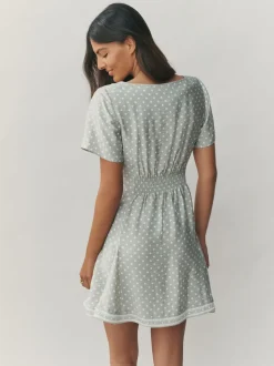 Vert sauge à pois - Robe mini-robe à taille nouée