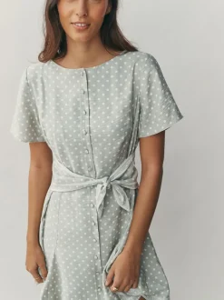 Vert sauge à pois - Robe mini-robe à taille nouée