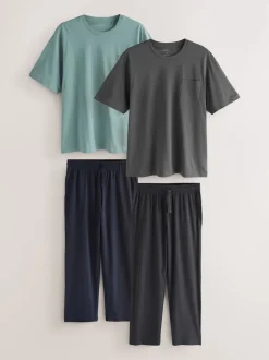 Vert sauge/gris ardoise - Ensemble de 2 pyjamas longs ouverts en jersey