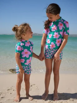 Vert Stampy Floral - Ensemble de bain Sunsafe à manches courtes (3mois à10ans)