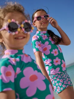 Vert Stampy Floral - Ensemble de bain Sunsafe à manches courtes (3mois à10ans)