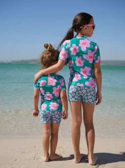 Vert Stampy Floral - Ensemble de bain Sunsafe à manches courtes (3mois à10ans)
