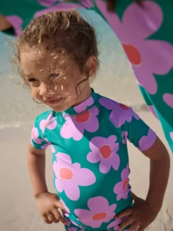Vert Stampy Floral - Ensemble de bain Sunsafe à manches courtes (3mois à10ans)