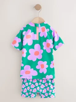 Vert Stampy Floral - Ensemble de bain Sunsafe à manches courtes (3mois à10ans)