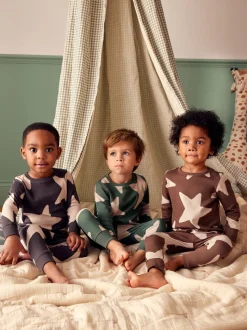 Vert/Ecru/Marron Étoiles - Lot de 3 pyjamas Snuggle (9mois-10ans)