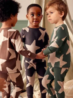 Vert/Ecru/Marron Étoiles - Lot de 3 pyjamas Snuggle (9mois-10ans)