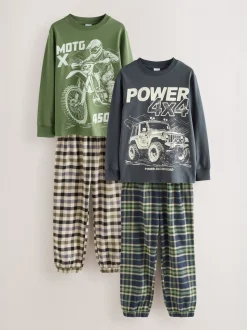 Véhicule bleu/vert - Lot de 2 pyjamas en tissu à carreaux à manches longues (3-16ans)