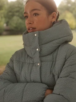 Vichy bleu - Manteau long matelassé à capuche résistant à la douche