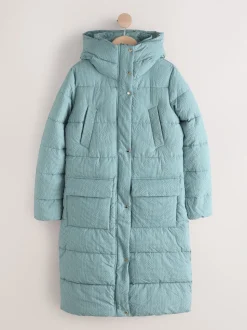 Vichy bleu - Manteau long matelassé à capuche résistant à la douche