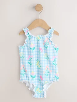 Vichy bleu fleuri - Maillot de bain Lettuce Edge (3mois-7ans)