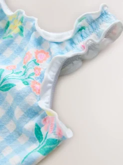 Vichy bleu fleuri - Maillot de bain Lettuce Edge (3mois-7ans)