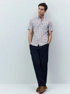 Vichy bleu/rouge - Chemise Oxford Easy Iron boutonnée à manches courtes