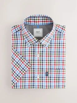Vichy bleu/rouge - Chemise Oxford Easy Iron boutonnée à manches courtes