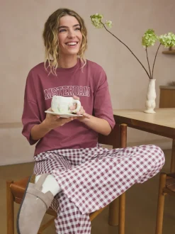 Vichy violet mauve - Pyjama à manches courtes en coton