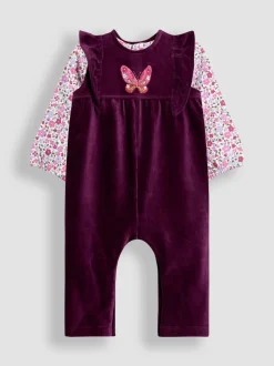 Violet à motif papillons - Ensemble salopette et haut en velours appliqué JoJo Maman Bébé