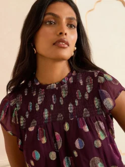 Violet à pois - Love & Roses haut métallisé à col ras du cou