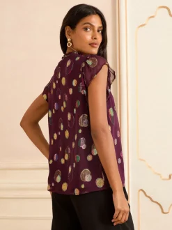 Violet à pois - Love & Roses haut métallisé à col ras du cou