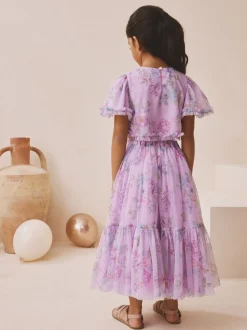 Violet lilas - Ensemble Lehenga haut et jupe fleuri avec ornements (3-16ans)