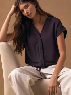 Violet prune - Haut à col en V à manches courtes ceinturé à la taille