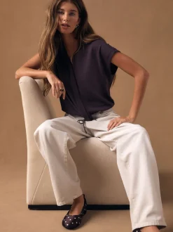 Violet prune - Haut à col en V à manches courtes ceinturé à la taille