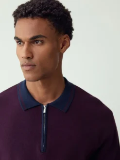 Violet/bleu marine - Col zippé - Polo N.premium en maille à manches longues haut de gamme à manches longues