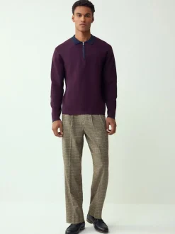 Violet/bleu marine - Col zippé - Polo N.premium en maille à manches longues haut de gamme à manches longues