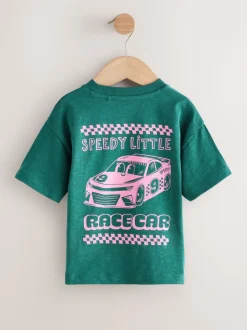 Voiture de course verte/rose - T-shirt Manches courtes Back Imprimé (3mths-7yrs)